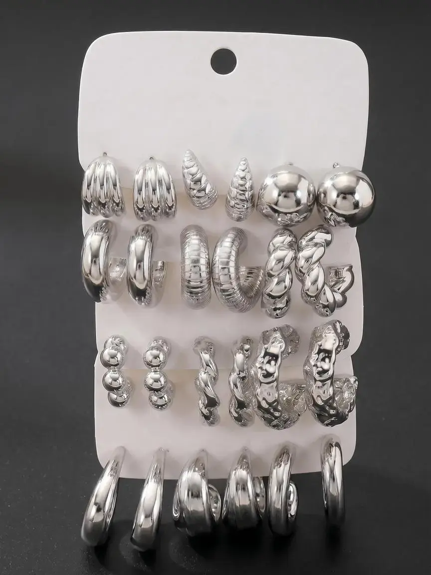 12 Pairs Eco-Friendly Plastic Silver Chunky Hoop Earrings Set, Earring Stacking Set, Multi-Style Ribbed Twisted Hammered Beaded Open Hoops, Lightweight Stackable Earrings for Women, Boho Earrings, Silver Jewelry for Daily & Party Wear