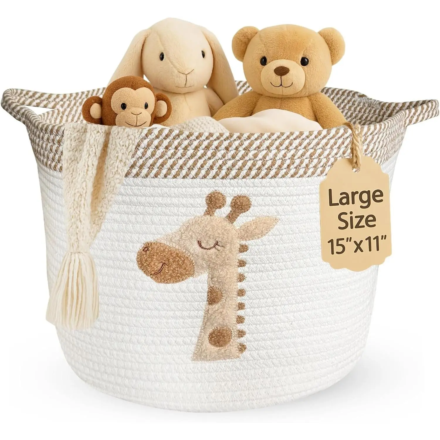 Giraffe Nursery Storage Basket – Large 15"x11" Cotton Rope Bin with Soft Felt Animal Patch – Foldable, Washable, Baby-Safe Organizer for Toys, Laundry, Diapers & Towels(Gift)