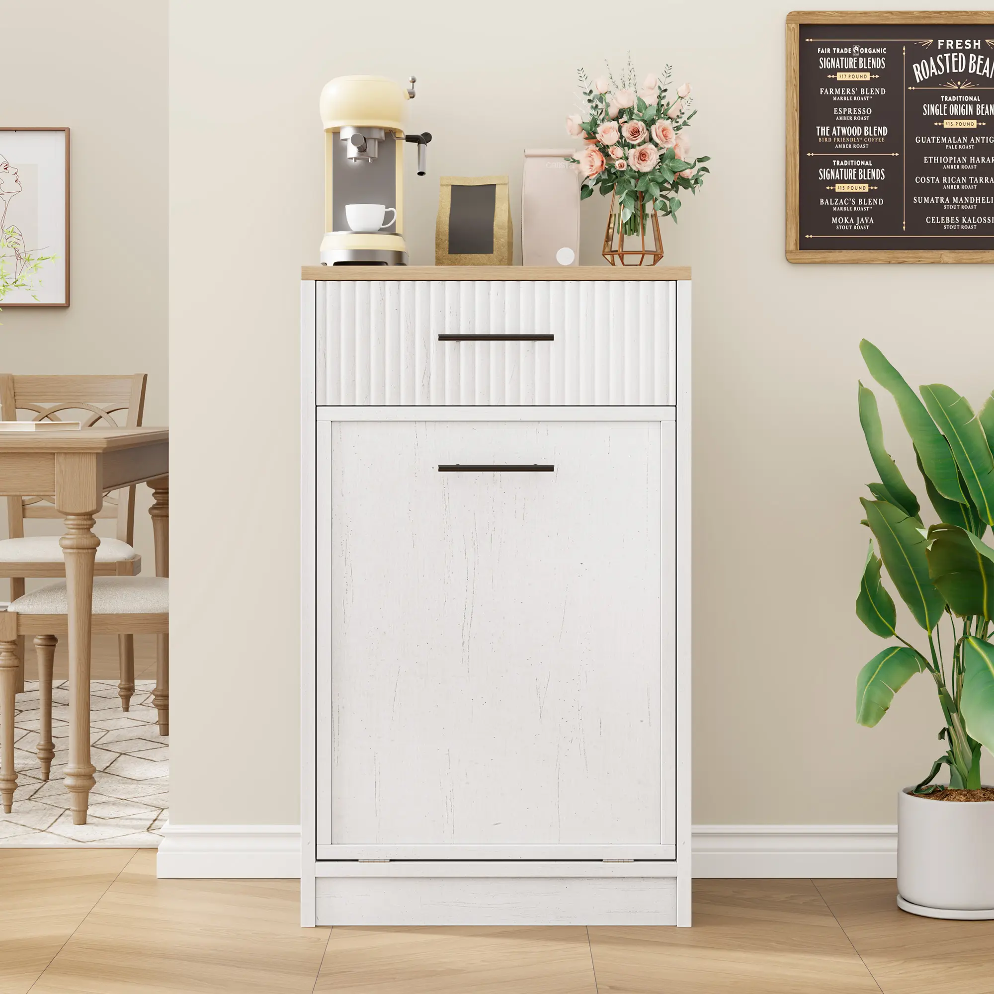 Multi-Functional Fluted Tilt Out Trash Can Cabinet - Hidden 10 Gallon Wooden Garbage Bin - Pet & Dog Proof, Freestanding Design - Perfect for Kitchen, Dining, or Living Room - Walnut & White