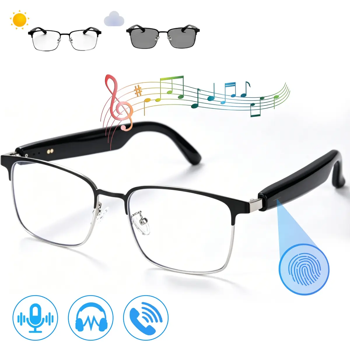 Smart Glasses - Wireless Audio Bluetooth Connectivity, Remote Calling, Music Playback, UV Protection Physical Color Changing Lens, Casual Sporty Wearable, Transparent Glasses for Men Women, Plastic, Gifts for Him for Sports & Office
