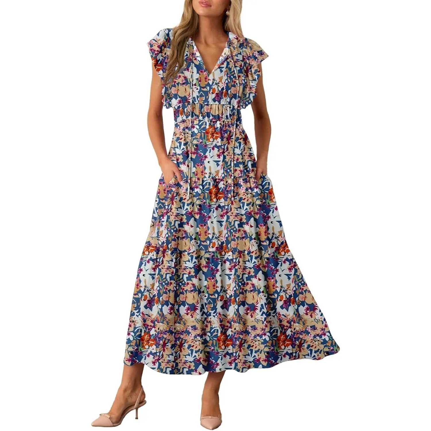 Womens Cotton Floral Maxi Dresses Casual Flowy Boho Dresses Summer Ruffle Short Sleeve V Neck Dress with Pockets