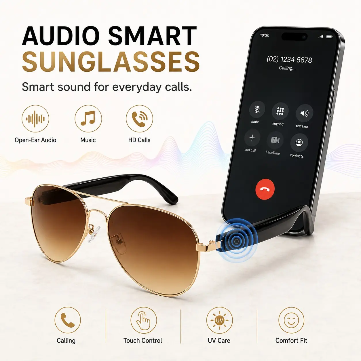 Bluetooth Audio Glasses for Men Women, Open-Ear Music Sunglasses with Microphone and Speakers, Touch Control, Voice Control, UV400 Protection for Sports Travel Driving