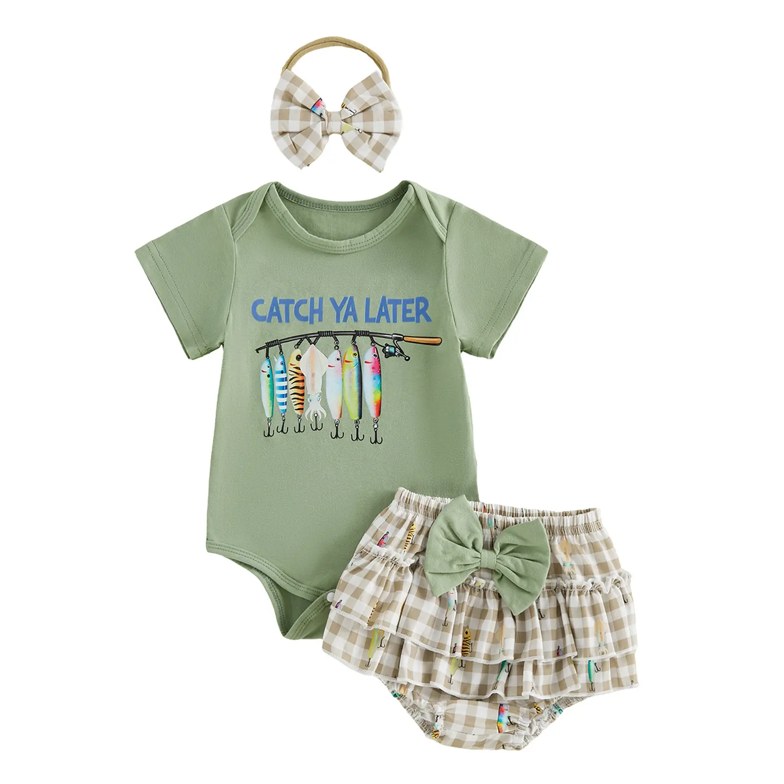 Newborn Baby Girl Fishing Outfit Catch Ya Later Short Sleeve Romper Bodysuit Plaid Bow Ruffle Shorts Headband 3Pcs Summer Clothes