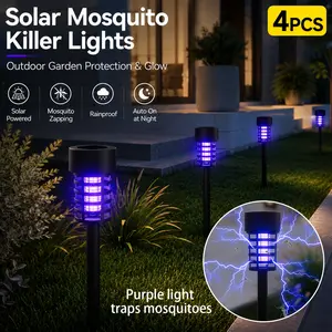 4 Pcs Solar Bug Zapper Outdoor Waterproof Garden Stake Lights, Cylinder LED Mosquito Killer Lamps, Mosquito Trap, with High Voltage Grid, Auto On/Off and Ground Insert Design, Solar Fly Zapper for Patio, Yard, Lawn, Backyard Use