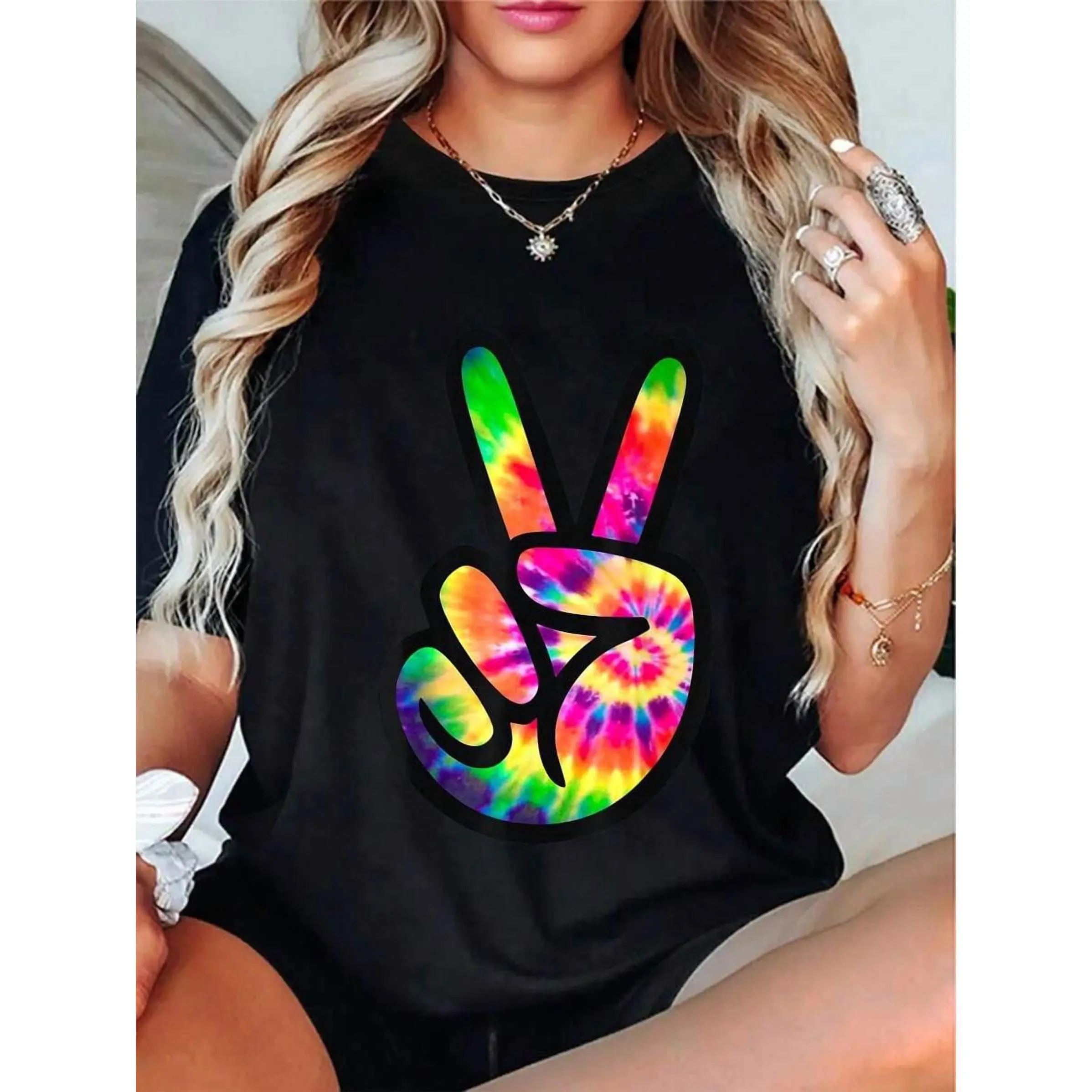 Retro Colorful Tie Dye Peace Sign Graphic T-Shirt, 100% Cotton Short Sleeve Crew Neck Unisex Streetwear Top, Hippie Boho Vintage Vibe Casual Birthday Summer Music Festival Party Outfit Gift for Men Women