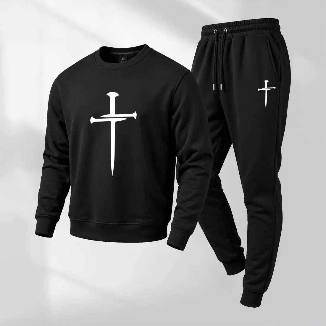 Men's Christian Cross Graphic Crewneck Sweatshirt and Jogger Pants Set, Casual Long Sleeve Pullover with Drawstring Sweatpants, Fall Winter Tracksuit for Daily Wear, Travel, Lounge, Workout and Indoor Outdoor Activities