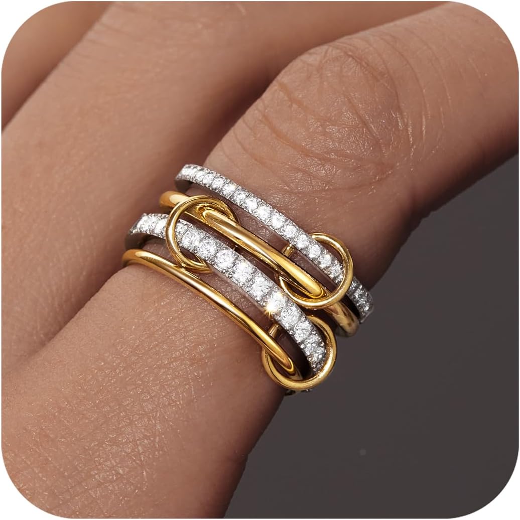Stackable Gold Silver Band Rings for Women, Statement Chunky Cubic Zirconia Rings, Fashion Unique Designer Mixed Metal Jewelry Size 5/6/7/8/9/10/11