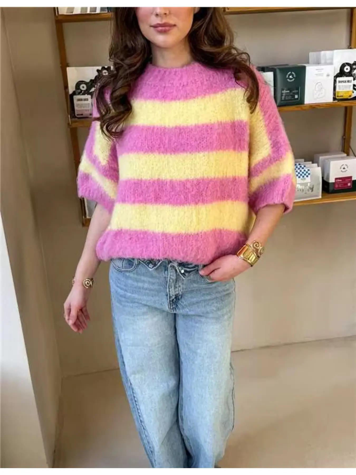 Pastel Pink & Yellow Stripe Knit Tee, Fluffy Textured Summer Top, Effortless Chic Casual Y2K Vacation Style Loose Sweater Knitwear Knitting