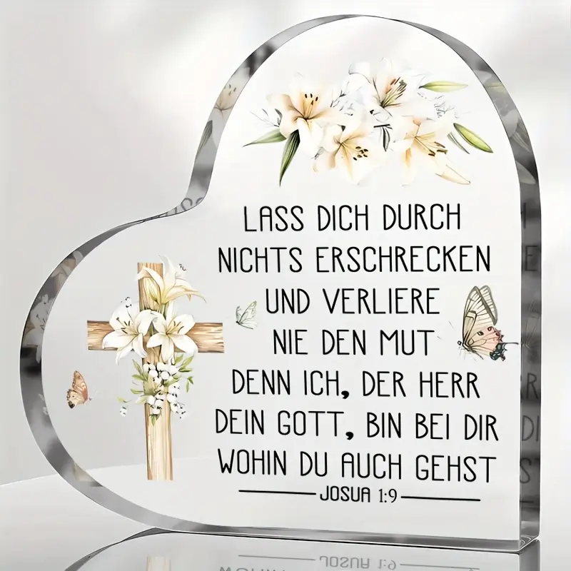 [2D Flat] 1pc, a Firm Belief in Gifts of Faith Or Graduation Presents | "God Will Be with You" Blessing Plaque | Heart-Shaped Lily Themed Commemorative Ornament, with The Precious Promise from Joshua 1:9: "Do Not Be Afraid