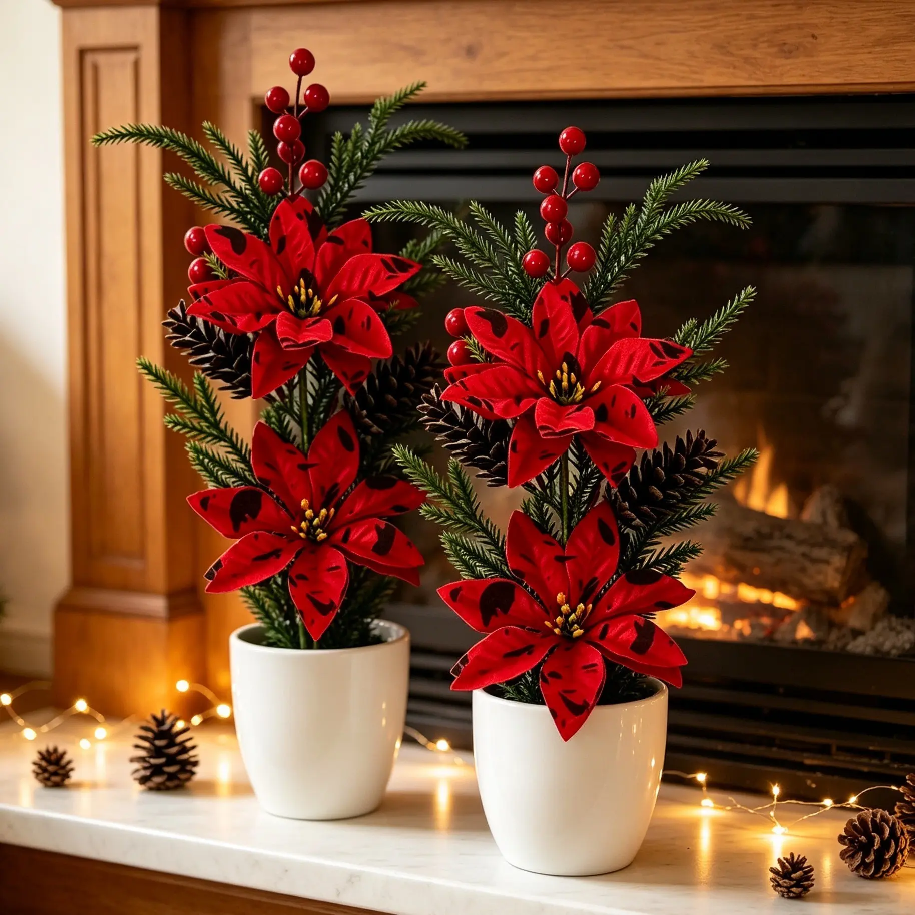 Realistic Single Christmas Flower Poinsettia Pine Needle Conifer Cone, Holiday Floral Decoration Ornament, Artificial Flower for Festive Decor