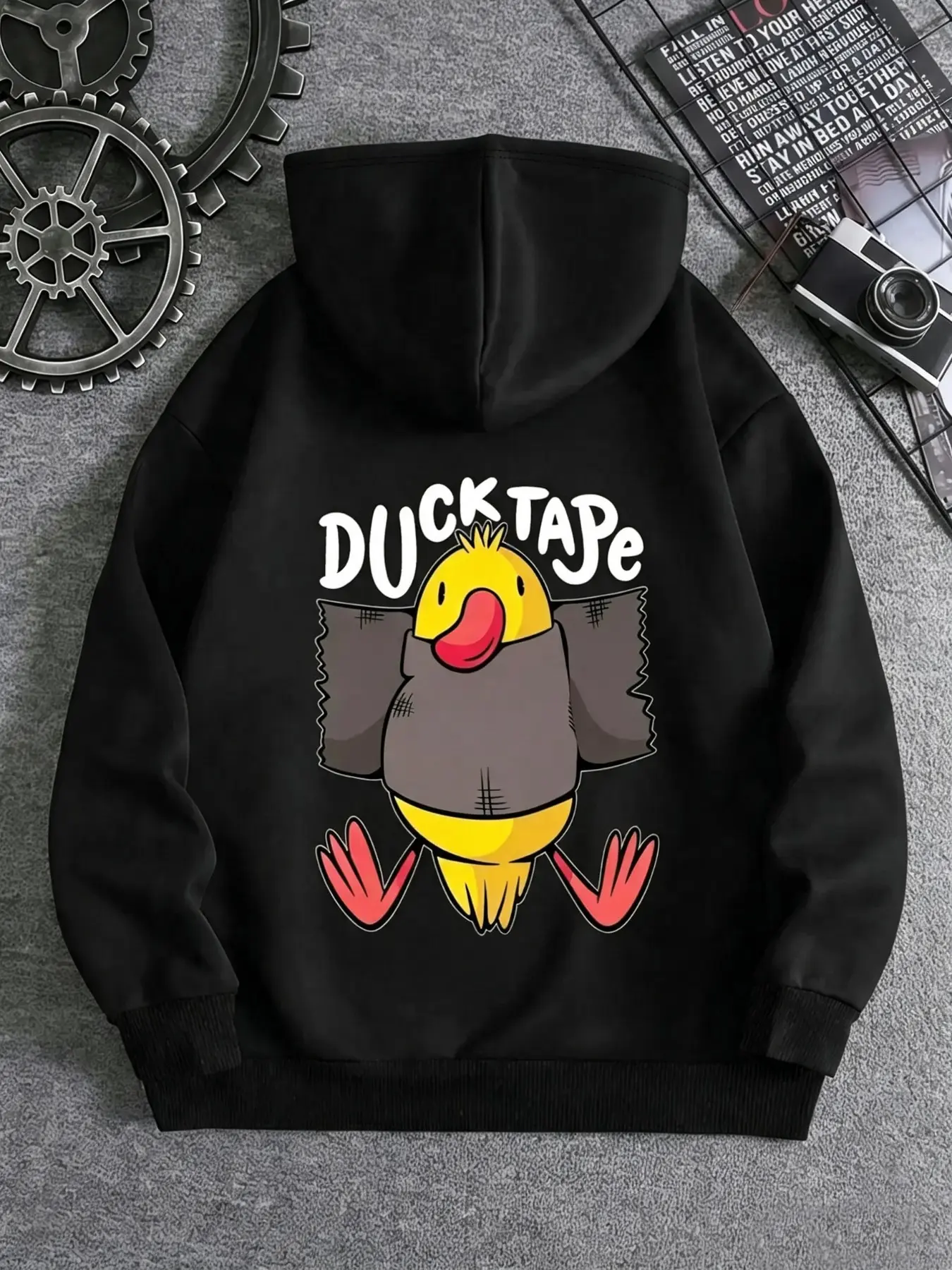 Funny Cartoon Duck Ducktape Letter Print Hoodie for Men, Loose Fit Drop Shoulder Youth Casual Pullover, All Seasons Wear
