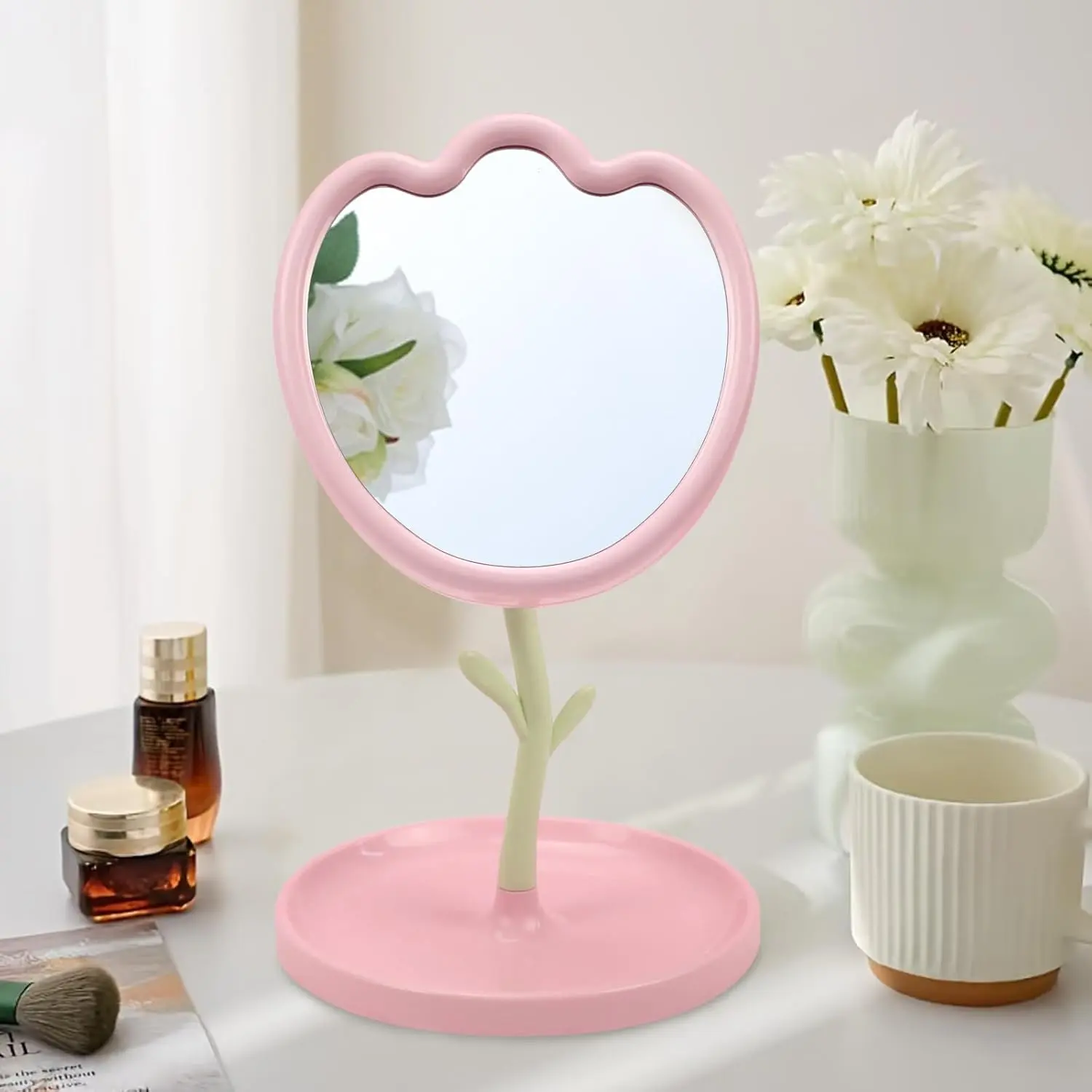 Flower Shaped Desk Mirror with Tray Adjustable Angle Tabletop  Makeup Mirror for  Decoration