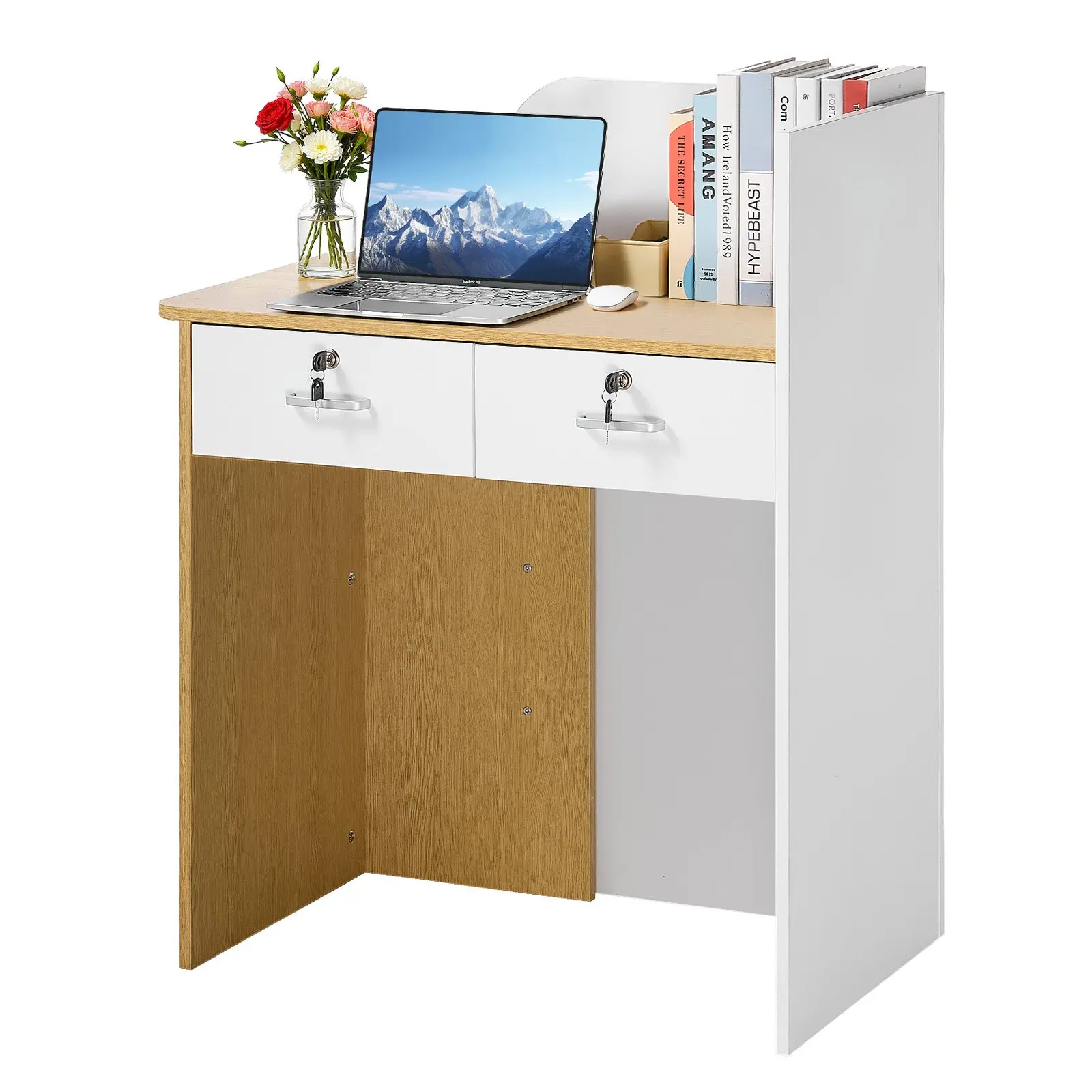 VEVOR Commercial Office Reception Desk, 31.5in Rectangular Front Counter Table with LED Lights, 2 Drawers & Power Outlets, for Checkout Lobby, Beauty Salon