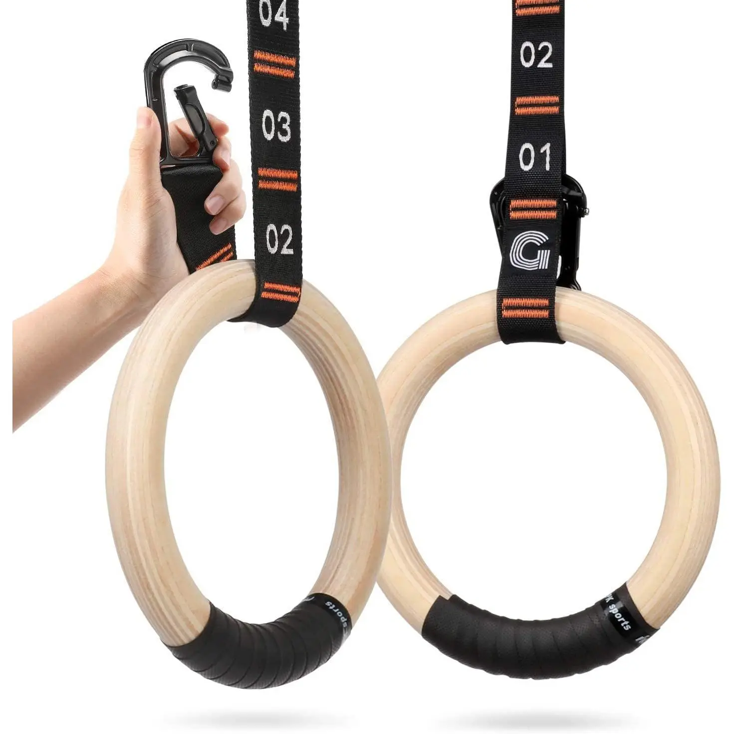 Wooden Gymnastic Rings with Adjustable Number Straps, Olympic Rings for Gym, Workout, Exercise, Outdoor Training, Quick Install Carabiner, Straps Pull Up Non-Slip Rings