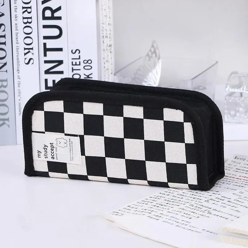 Checkered Canvas Pencil Pouch, Large Capacity Casual Pen Case for Unisex Students, Back to School Stationery Supplies