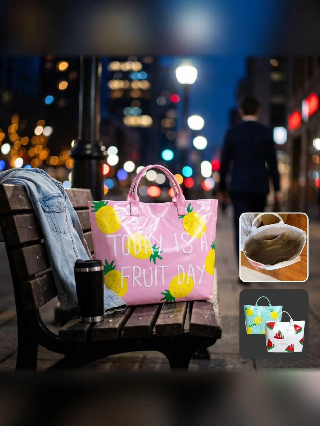 Summer Sweet Fruit Print Tote Bag, Girl's Heart Watermelon Pineapple Lemon Large Capacity Backpack, Glossy Waterproof Beach Picnic Bag