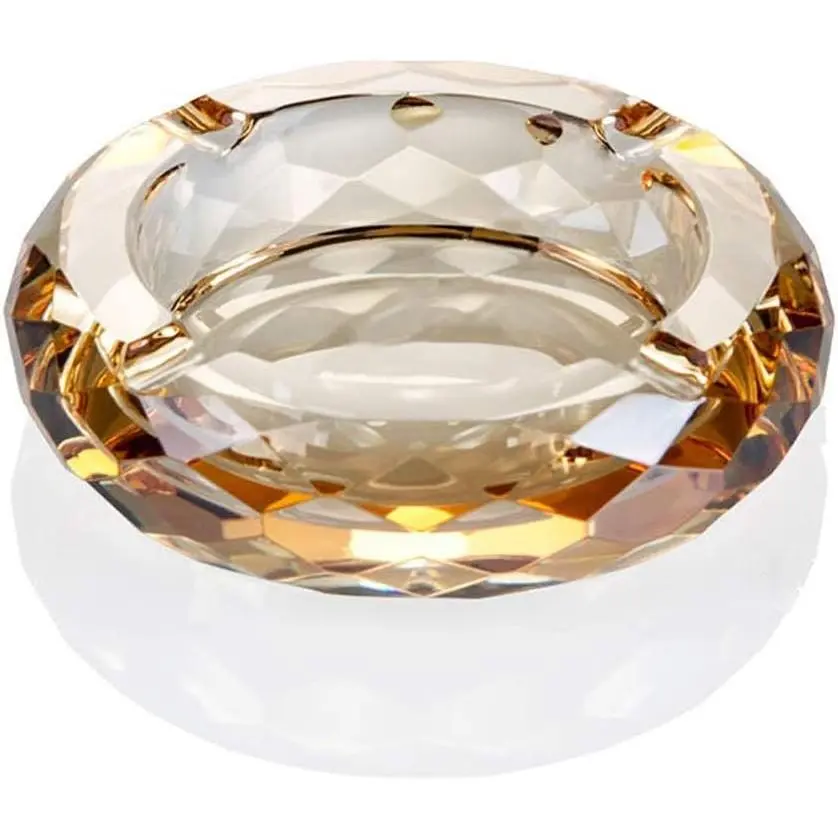 Crystal Glass Ashtray for Cigars and Cigarettes, Gold Home Office Desktop Tabletop Decorative HolderGift