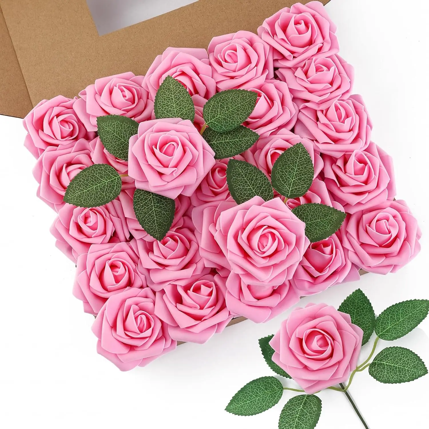 50pcs Pink Rose Head Artificial Flowers - 8in Foam Petals, Plastic Stems, Green Leaves, Authentic Look Decorative Ornaments, Bulk Pack for DIY Centerpieces, Wedding Decor