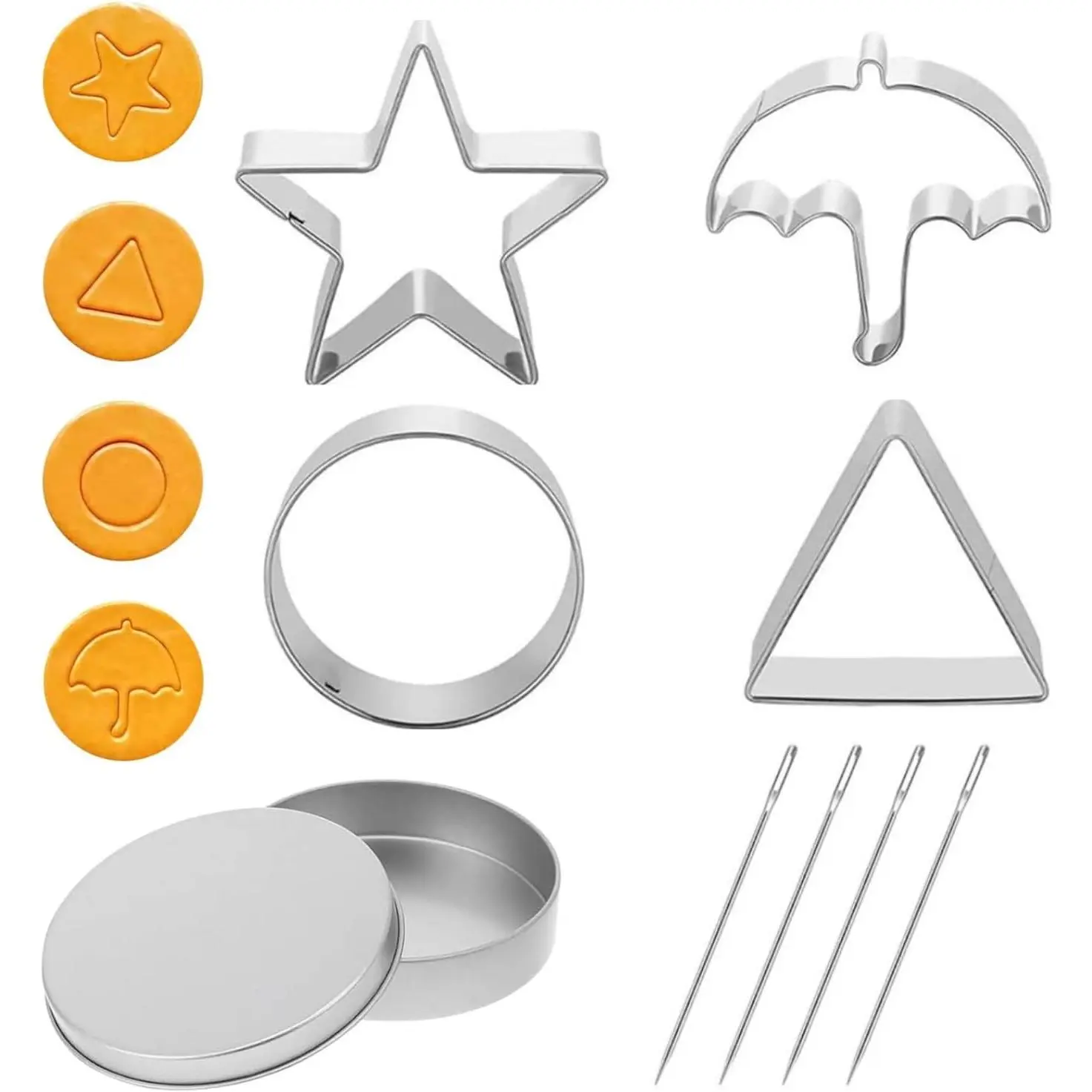 Korean Sugar Candy Making Tools 6 count Stainless Steel Cookie Cutters Set ,Umbrella Triangle  Round Baking Cake Biscuits  Molds
