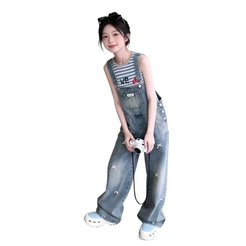 Girls' Gradient Washed X Embroidered Denim Overalls Loose Wide-Leg Casual Youthful Style Children's Overalls