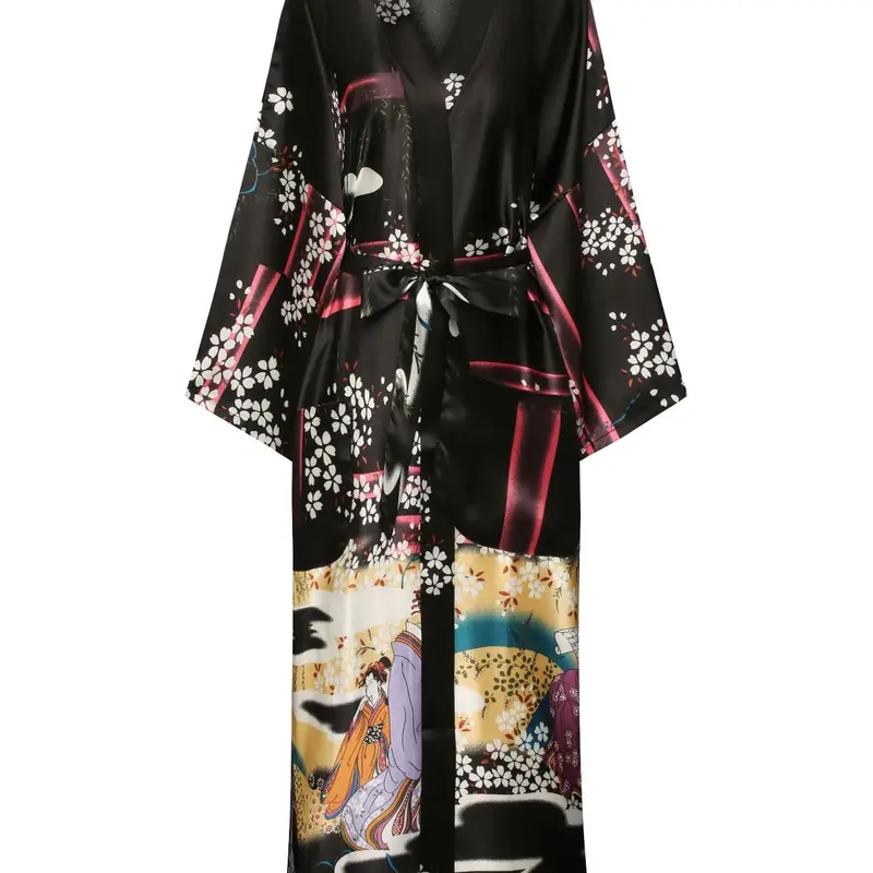 【Black Friday】Women's Floral & Figure Print Belted Silky Satin Robe, Elegant Long Sleeve V Neck Pocket Robe, Ladies Sleepwear & Loungewear for All Seasons, Breathable Dressing Gown
