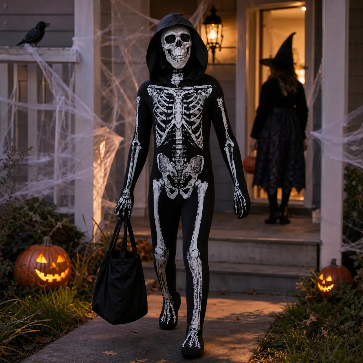 Scary Skeleton Jumpsuit Halloween Costume for Kids & Adults - Spooky Full Body Bodysuit for Cosplay Party Dress-Up