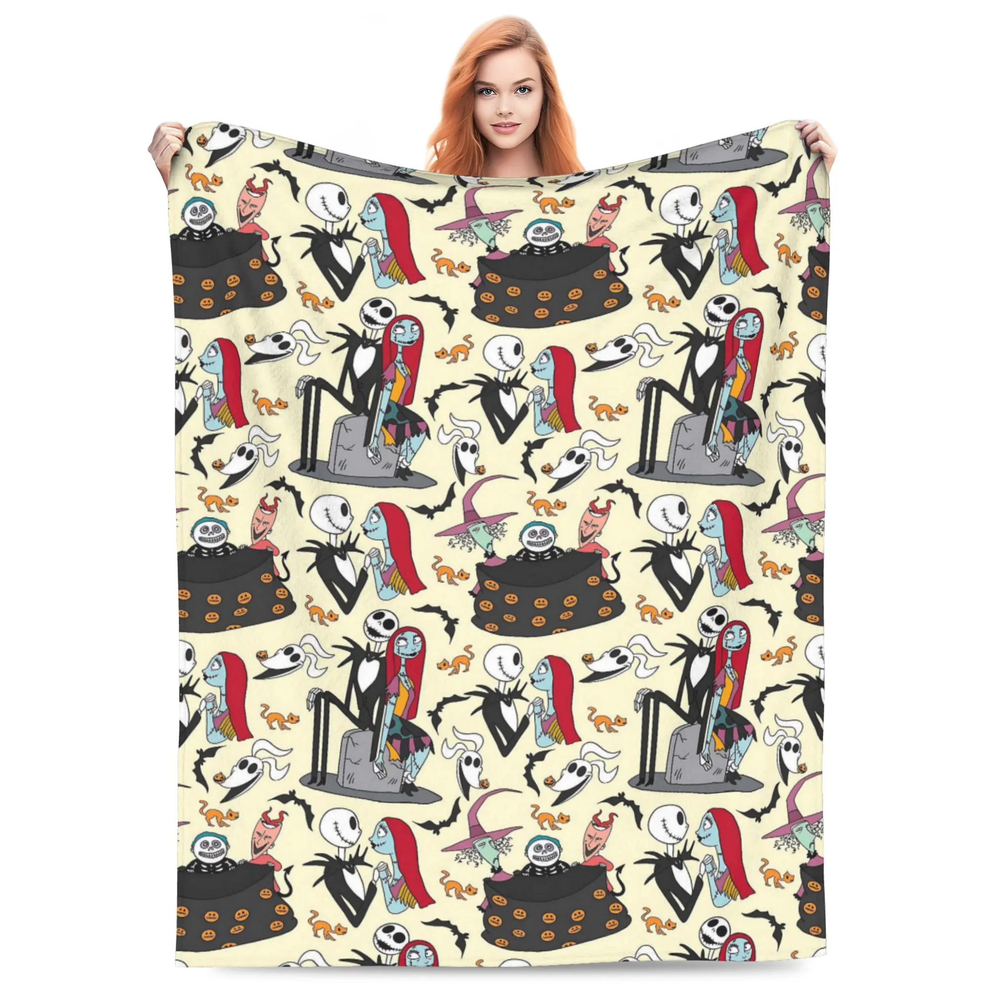 DISNEY CLASSIC Nightmare Before Christmas Cuddle Cartoon Printed Blanket - Jack Skellington, Sally, Lock, Shock, Barrel, Bat, Cat Cream Base All-Over Print Flannel Fleece, Cozy Throw Blankets for Home Use & Halloween Gatherings, Cuddle Blanket, Multi-Size