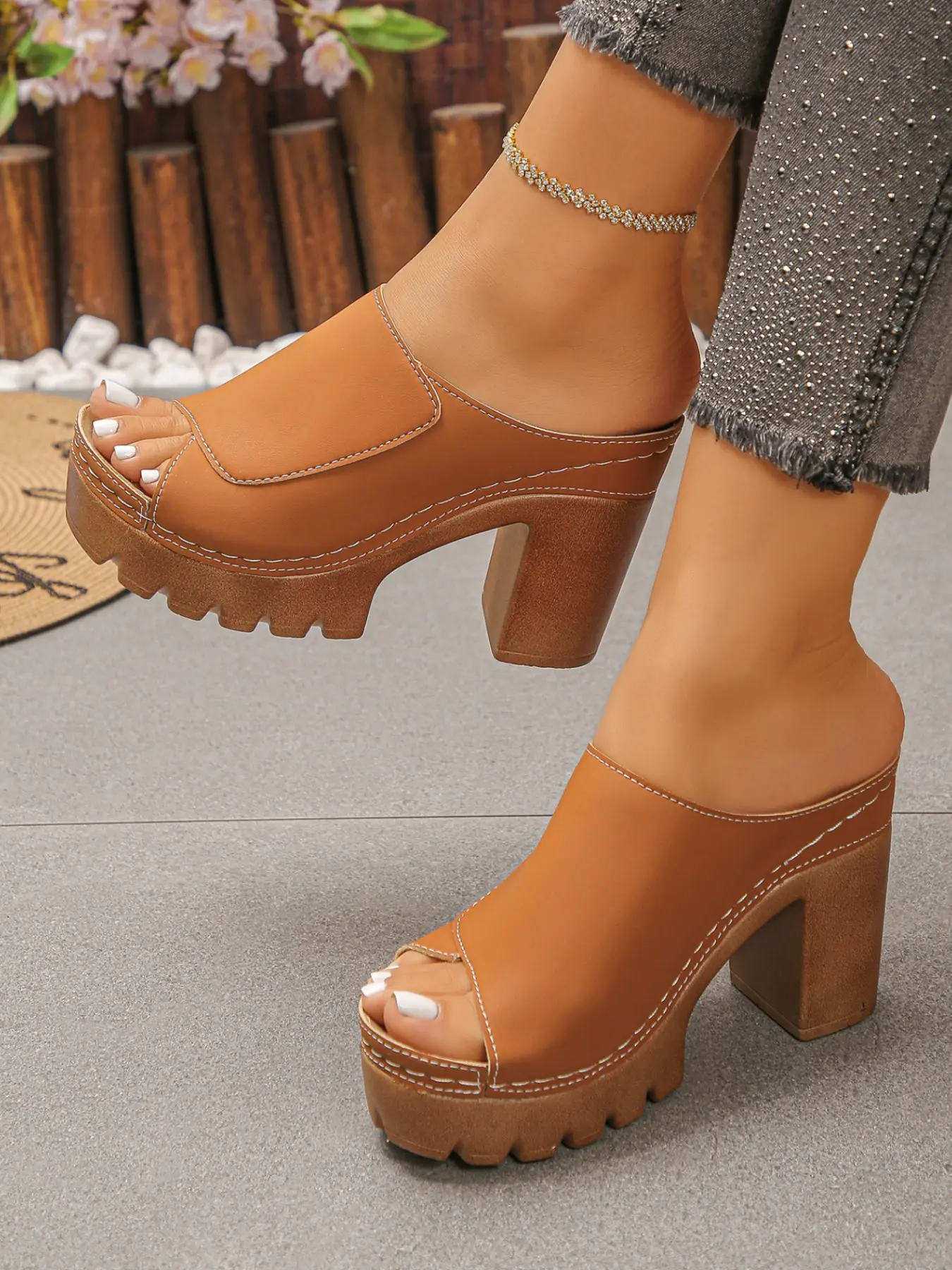 Y2K Western Style Fish Mouth Sandals, PU Leather, Rubber Sole, All over Print, Fashion Clogs, Waterproof, Slip-On, High Heel, Women