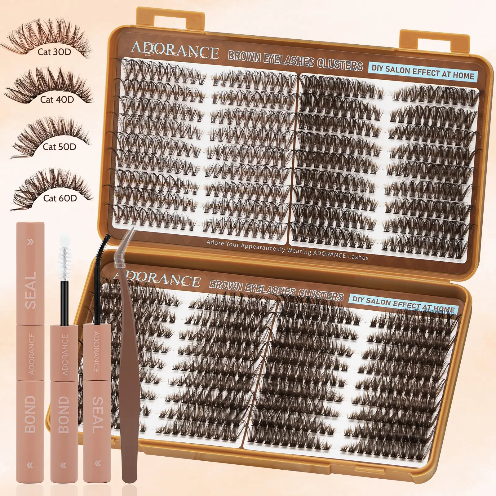 ADORANCE Brown Lash Clusters Kit, 4 Styles Cat Eye Fluffy Lash Extensions, Natural Wispy Volume Individual Cluster Lashes, D Curl DIY Eyelash Extension Kit with Bond & Seal and Tweezers for At-Home Lash Application