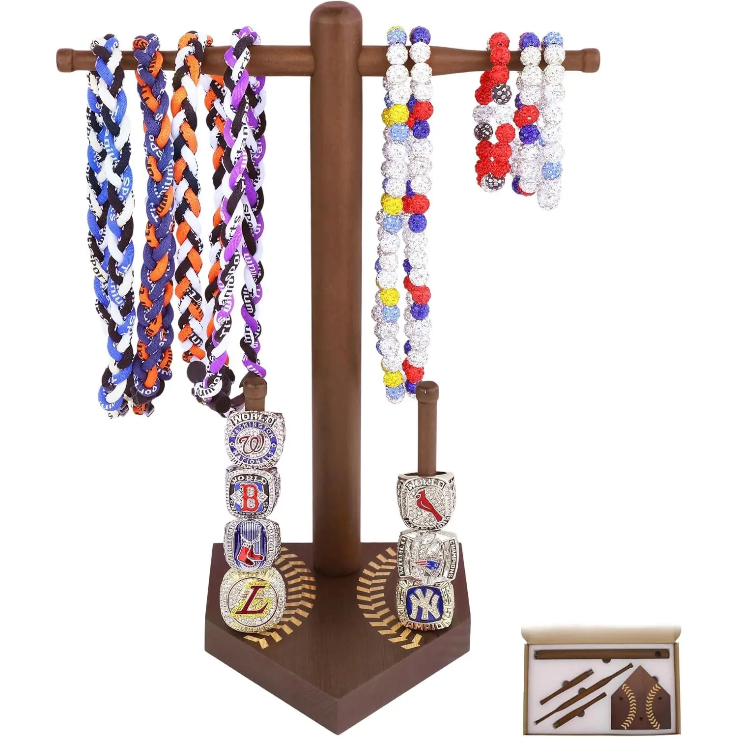 Baseball Ring Display Holder for Championship Rings & Necklaces, Wooden Sports Jewelry Organizer with Bat Stand for Baseball Softball Players, Athlete Gift Display Case for Rings Bracelets Medals
