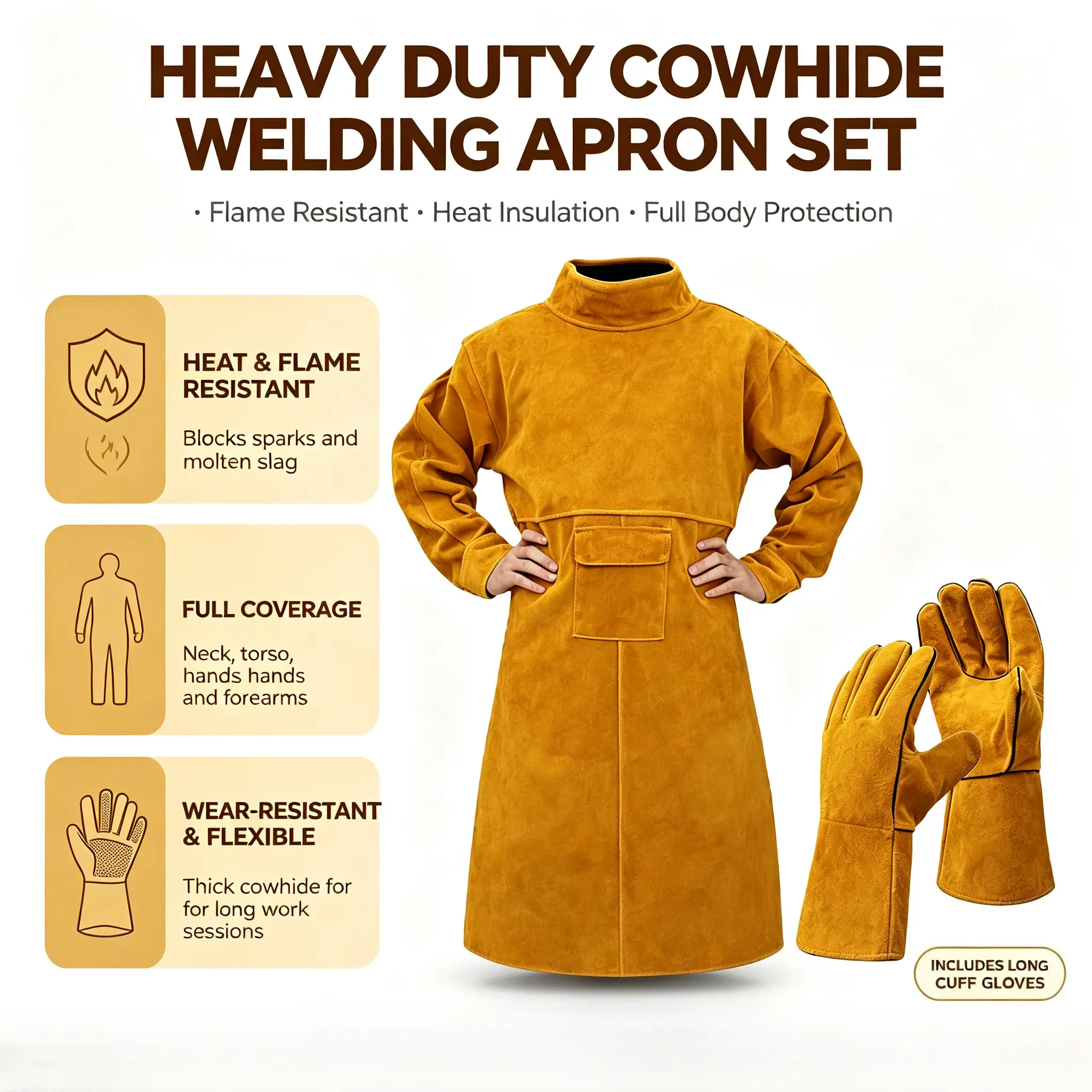 Heavy Duty Cowhide Welding Apron with Heat Resistant Long Cuff Welding Gloves, Flame & Spark Proof Leather Protective Gear for Men & Women Welders Metal Workers, Heat Fire Resistant Leather Welding Coat Suitable for Welding, Cutting, Auto Repair and Forge