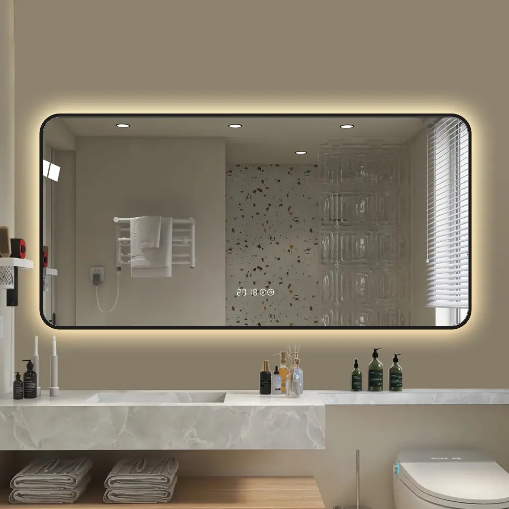 48x24 Inch Black Framed Wall Mirror with Rounded Corners, LED Vanity Mirror with Temperature Display, 3 Color Adjustable Lights, Anti-Fog Defogging Function, High Definition Tempered Glass, Aluminum Alloy Frame, Smart Bathroom Mirror for Bedroom, Makeup,