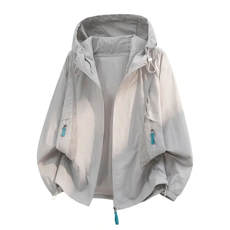 Solid Color Long-Sleeve Hooded Sun Protection Casual Jacket - Minimalist Style, Breathable Light Fabric, Adjustable Drawstring Hooded Neck, Zipper Side Pockets, Plain Surface, For Spring & Summer Outdoor Trips, Daily Commute, Tops