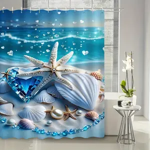 Stylish Seashell and Starfish Pattern Shower Curtain (Includes 12/24 Hooks) – Washable, Elegant, Premium Bathroom Curtain – Home Decor Featuring a 2D Flat-Print Design