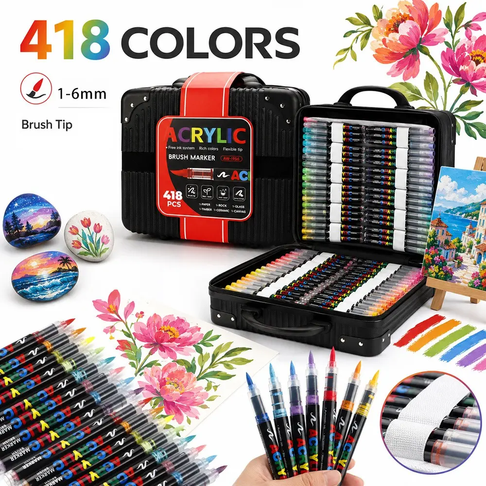 418 Color Acrylic Markers Set, Detachable Hard Case, Soft Brush Tip, Fast-Drying Waterproof Ink, Ideal for Artistic Creations