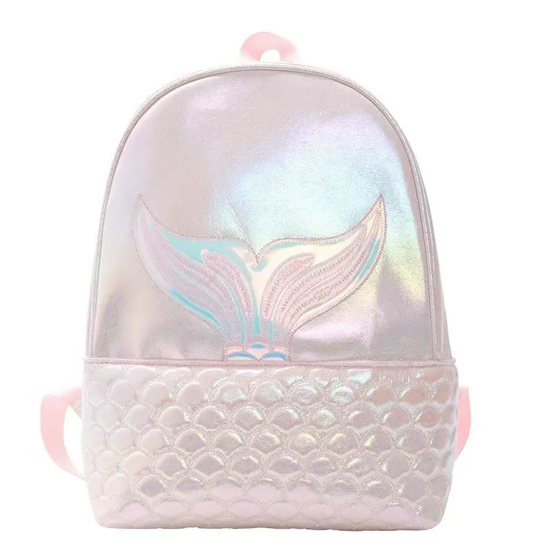 Shiny mermaid backpack with iridescent tail appliqué and scale embossed lower pocket, crafted in soft metallic fabric, cute for girls daily use.