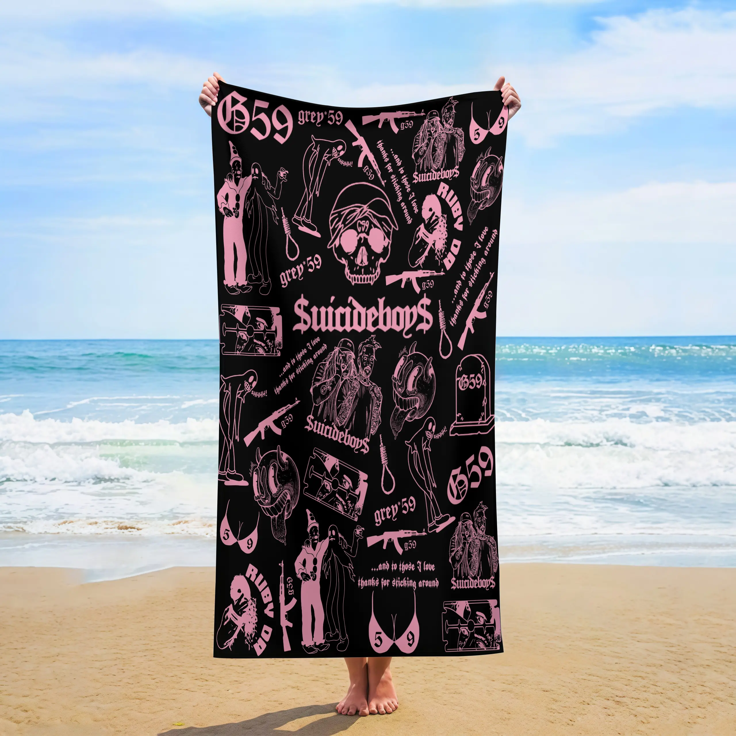 Quick Dry Beach Towel Black And Pink Punk Suicide Themed Skull Graffiti Print Lightweight Summer Pool Towel Urban Street Cool Music Fan Beach Accessory