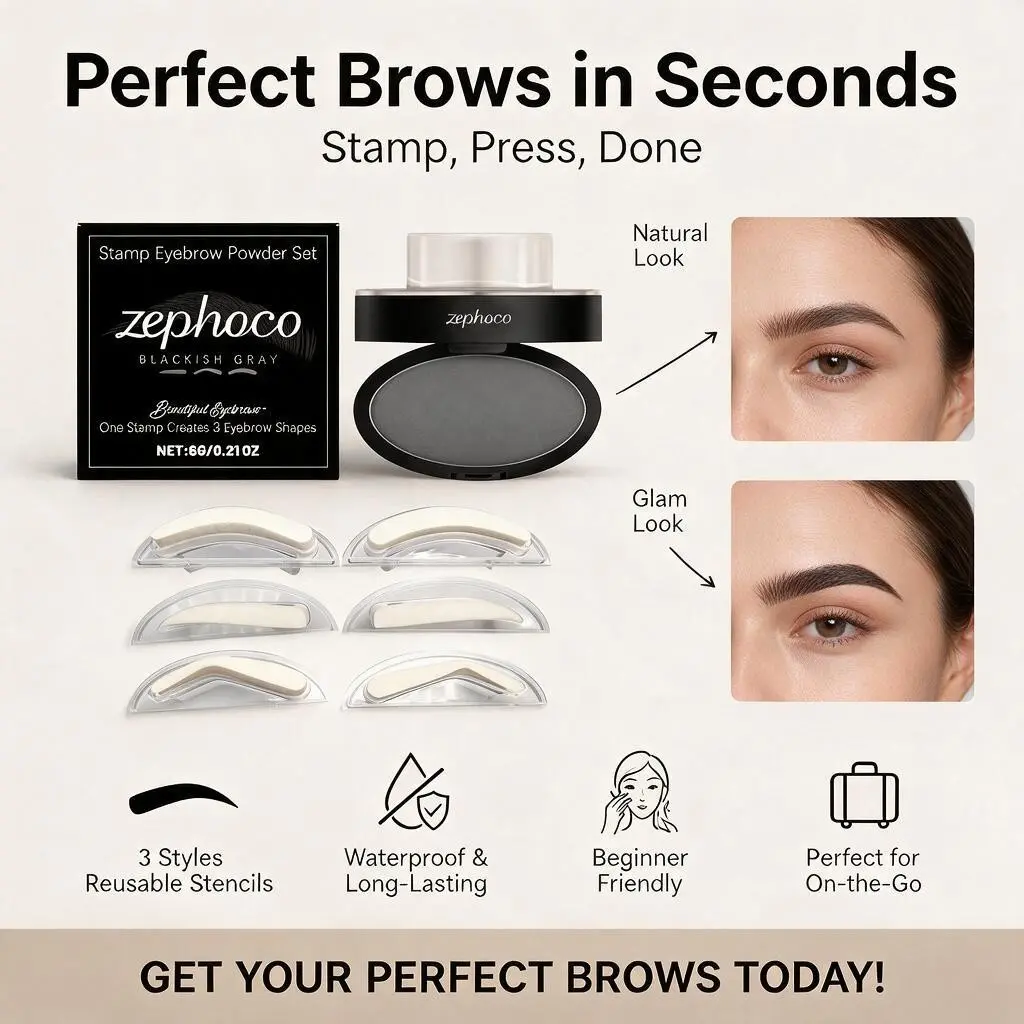 Zephoco One Step Eyebrow Stamp Powder Kit with 6 Reusable Brow Stencils, Waterproof Sweatproof Smudge Proof Long Lasting Brow Shaping Makeup Tool for Makeup Beginners Lazy Daily Travel Makeup Eyebrow Shaper Set