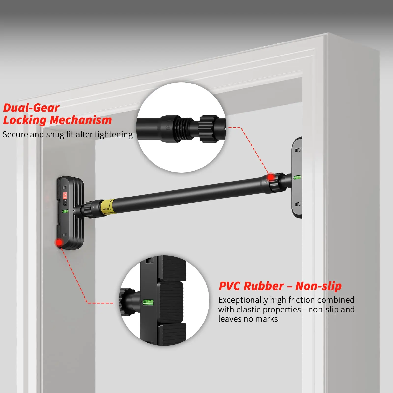 GAOMON Adjustable Pull Up Bar for Doorway – No Drill, 72-110cm, 200kg Capacity, 30mm Non-Slip Foam Grips, Double Gear Lock, Carbon Steel – Black