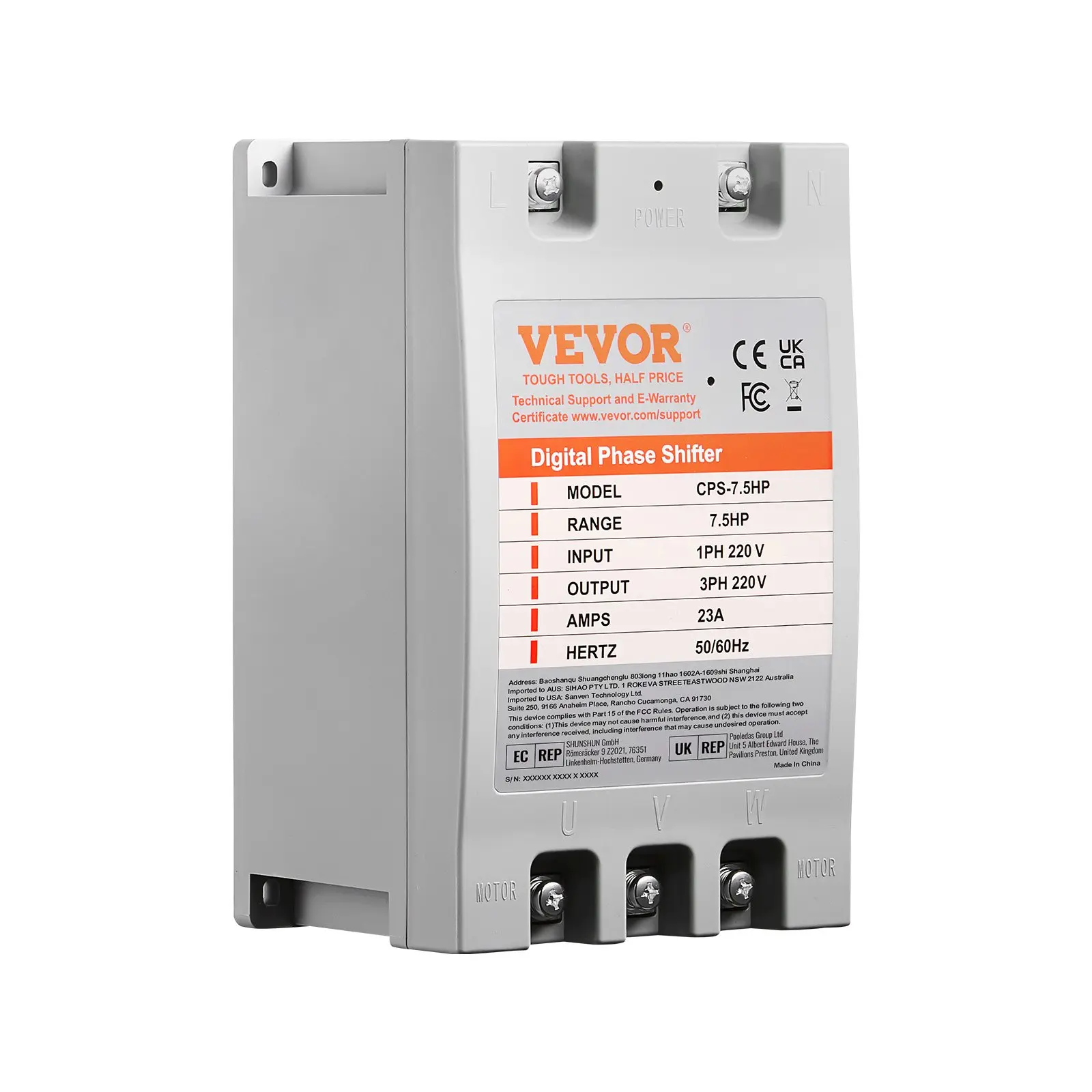 VEVOR Compact Single-to-3-Phase Converter - 7.5 HP Max, 23A, 220V Input/Output Digital Control Device, 9.8x5.9x5.3" Plastic Body Easy-Install Unit for Residential Users (1 DPS per Motor Only)