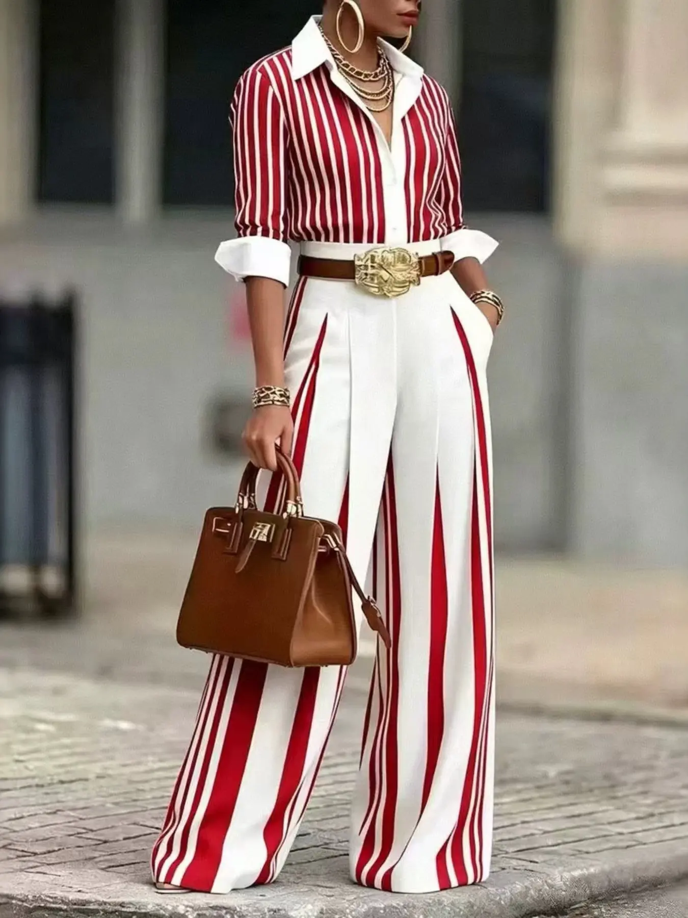 Women’s 2 Piece Striped Outfit Button Down Shirt & Wide Leg Pants Casual Matching Set Long Sleeve Office Work Chic Outfit Baggy