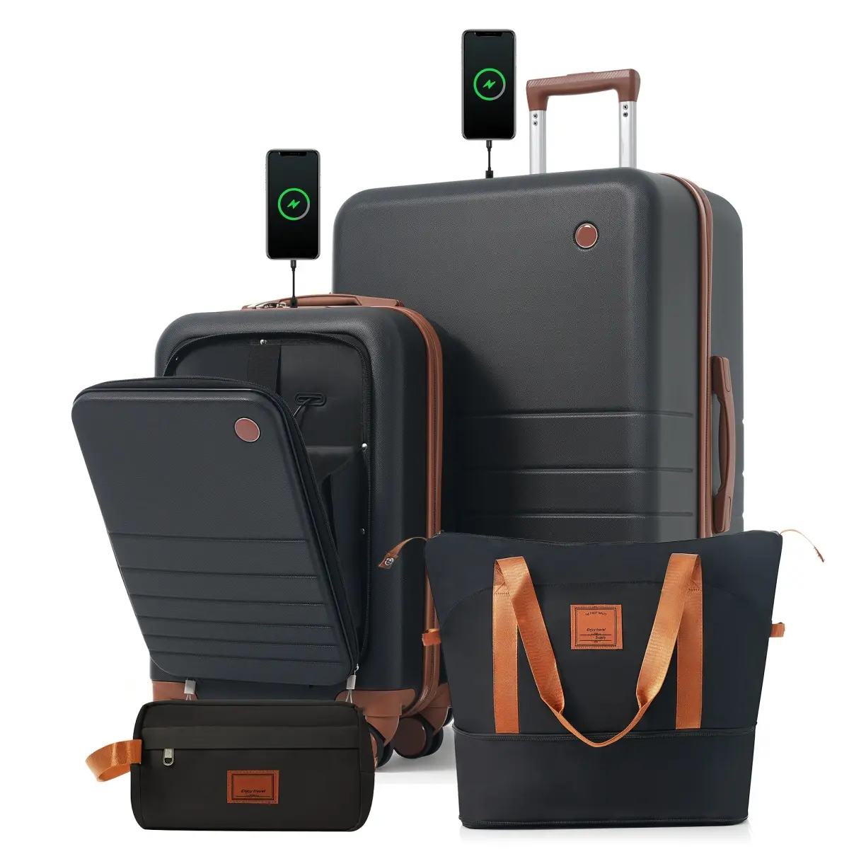 Luggage Set 4-Piece with USB Charging Ports - 20in Carry-On (Front-Opening for Laptop) 28in Checked Suitcase with TSA Lock Travel Duffel Bag Wet-Dry Toiletry Bag, Hardside Lightweight Durable Suitcase sets