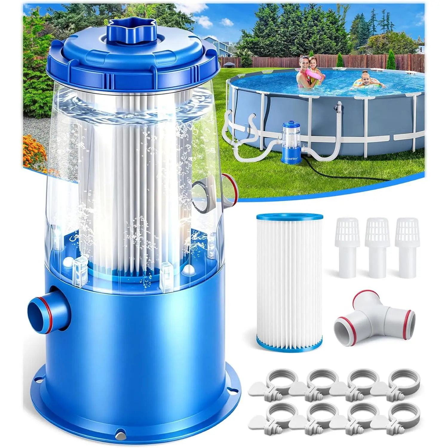 Transparent 1000 GPH Above Ground Pool Filter Pump | Easy to View  Status, Pool  Filter Pump System,  Circulation & Filtration for -Clear Water