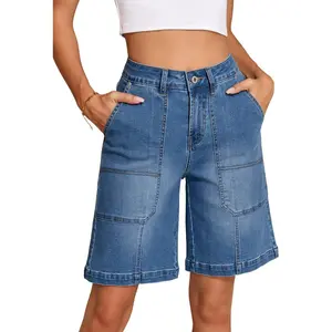 Womens Jean Shorts High Waisted Stretchy Wide Leg Bermuda Denim Shorts Casual Loose Fit Summer Jorts with Pockets