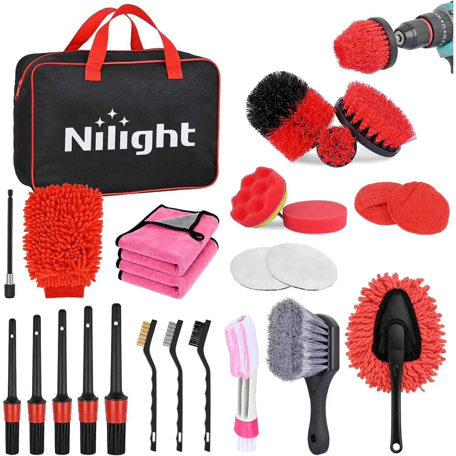 Nilight 27PCS Car Detailing Kit Set - Auto Cleaning Tools with Storage Carry Bag for Interior, Exterior Deep Clean & Polish, Car Care for Windshield, Dashboard, Seat, Air Vents, Wheels, Tires (Red)