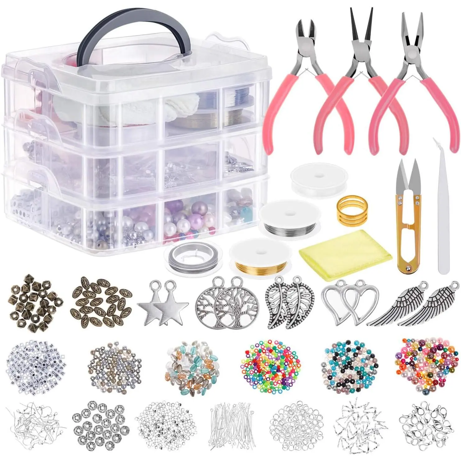 Making Supplies Kit - Tools, Pliers, Beading Wire, Beads & Charms Findings for Necklace, Earring & Bracelet Making & Repair