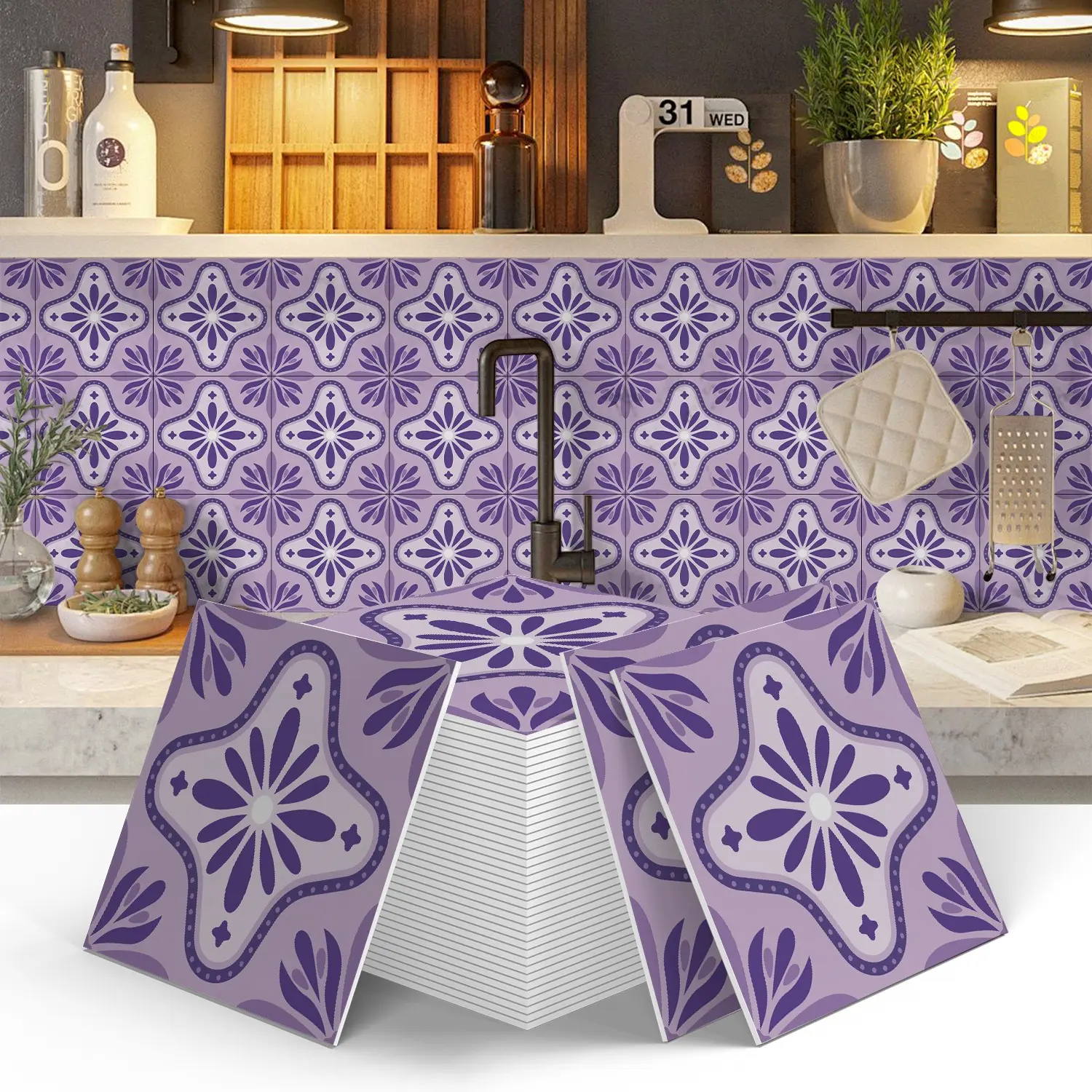 12/24Pcs ART PE Crystal Tile Stickers Gift Box, Lavender Purple Base Vintage Four‑Leaf Floral Tile Decals, Peel & Stick Backsplash, Waterproof Oil‑Proof DIY Decor for Kitchen Bathroom Floor Tile Wood Surface Home Renovation