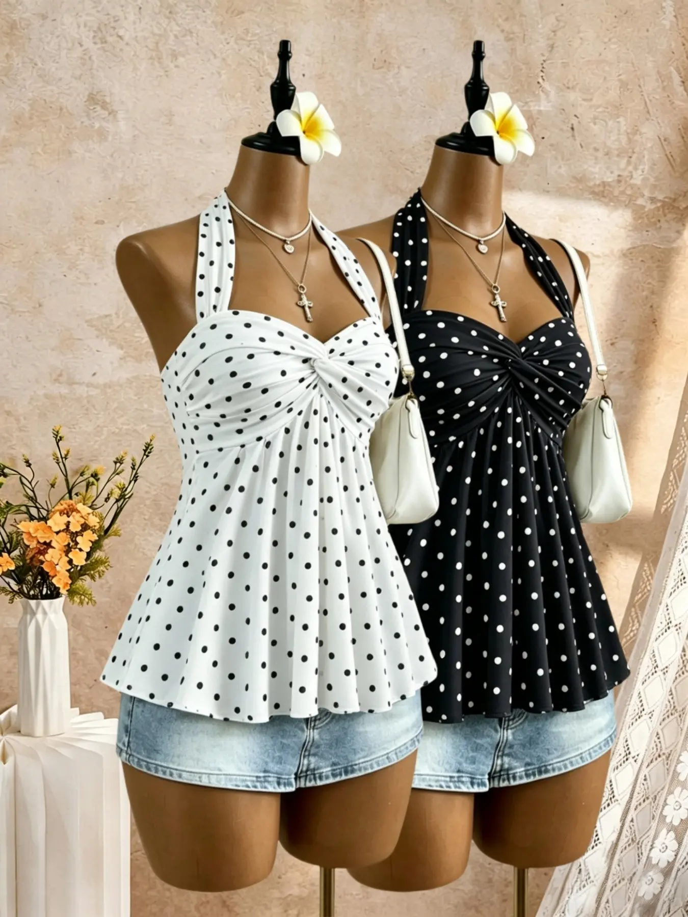 Women's Knot Front Tie Halter Top Set, Sleeveless Ruched Bell Bottom Vest, Casual Summer Outerwear Tank Tops, Two-Piece