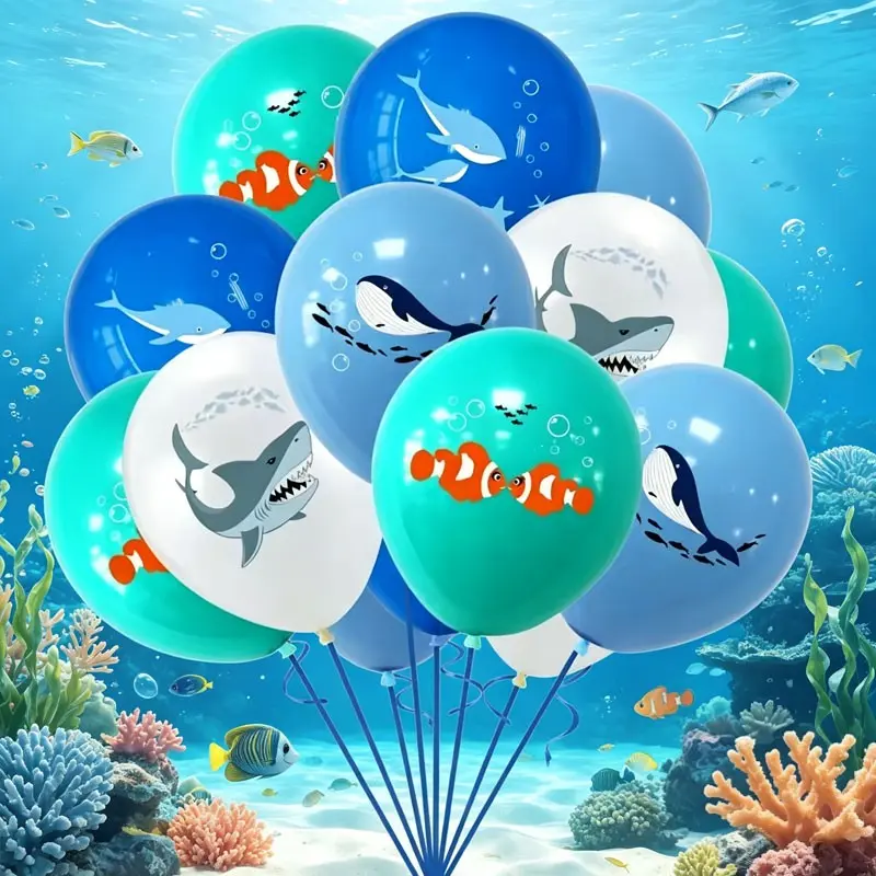 17-Piece Ocean Animal Latex Party Balloons Set, Blue Dolphin, Whale, Shark, Clownfish, Perfect for Birthday Parties, Pool Parties, Decorations