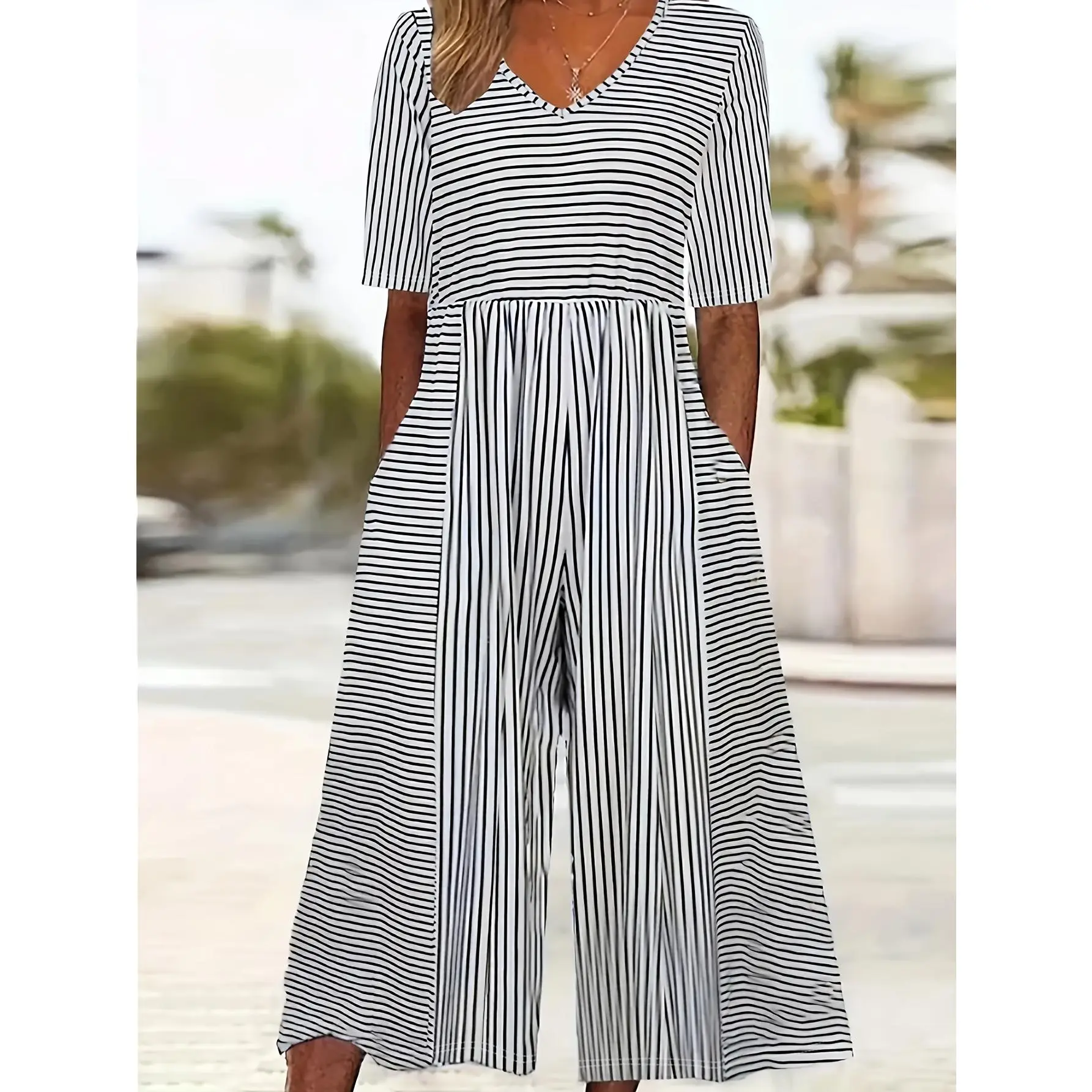 [Striped Jumpsuit Pants] 2026 Black and White Striped Jumpsuit - V-Neck Wide Leg Pants - New Summer Vacation Casual Loose Fit Cover-Up Pants with Pockets